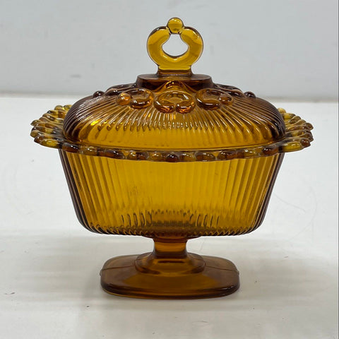 Pressed Glass Amber Ribbed Lidded Candy Dish Footed Compote Vintage 8 Inch
