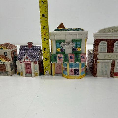 1995 Fitz and Floyd Omnibus Village House Lot Jars Shakers Grocery Sweets Bank