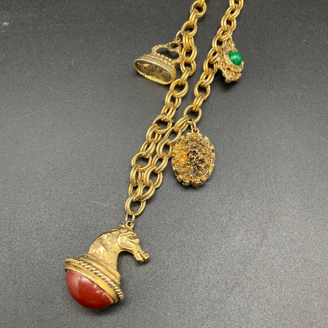 Vintage Etruscan Revival Gold Tone Fob Necklace & Cabochon Cross Pendant Lot