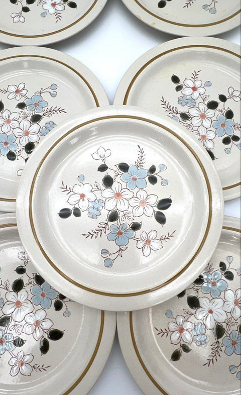 Kingsbury Autumn Flowers Dinner Plate Set 7 Piece Stoneware Vintage Japan