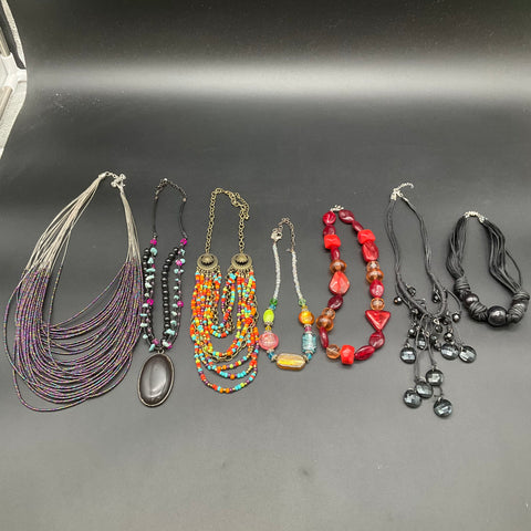 Boho Retro Beaded Statement Jewelry Lot of 7 Necklaces Multi-Strand Bib