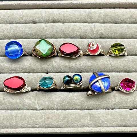 Artisan Wire Wrapped Silver Tone Rings Jewelry Lot of 10 Mixed Color Stones