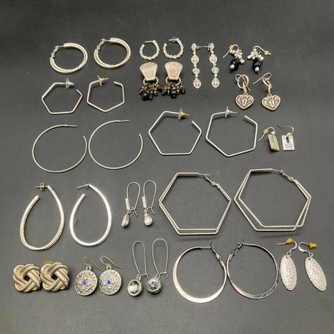 Vintage Silver Tone Costume Jewelry Lot of 18 Pairs Earrings Hoops Dangles