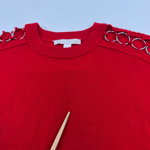 Jonathan Simkhai Women's Red 100% Wool Silver Ring Grommet Sweater Sz S