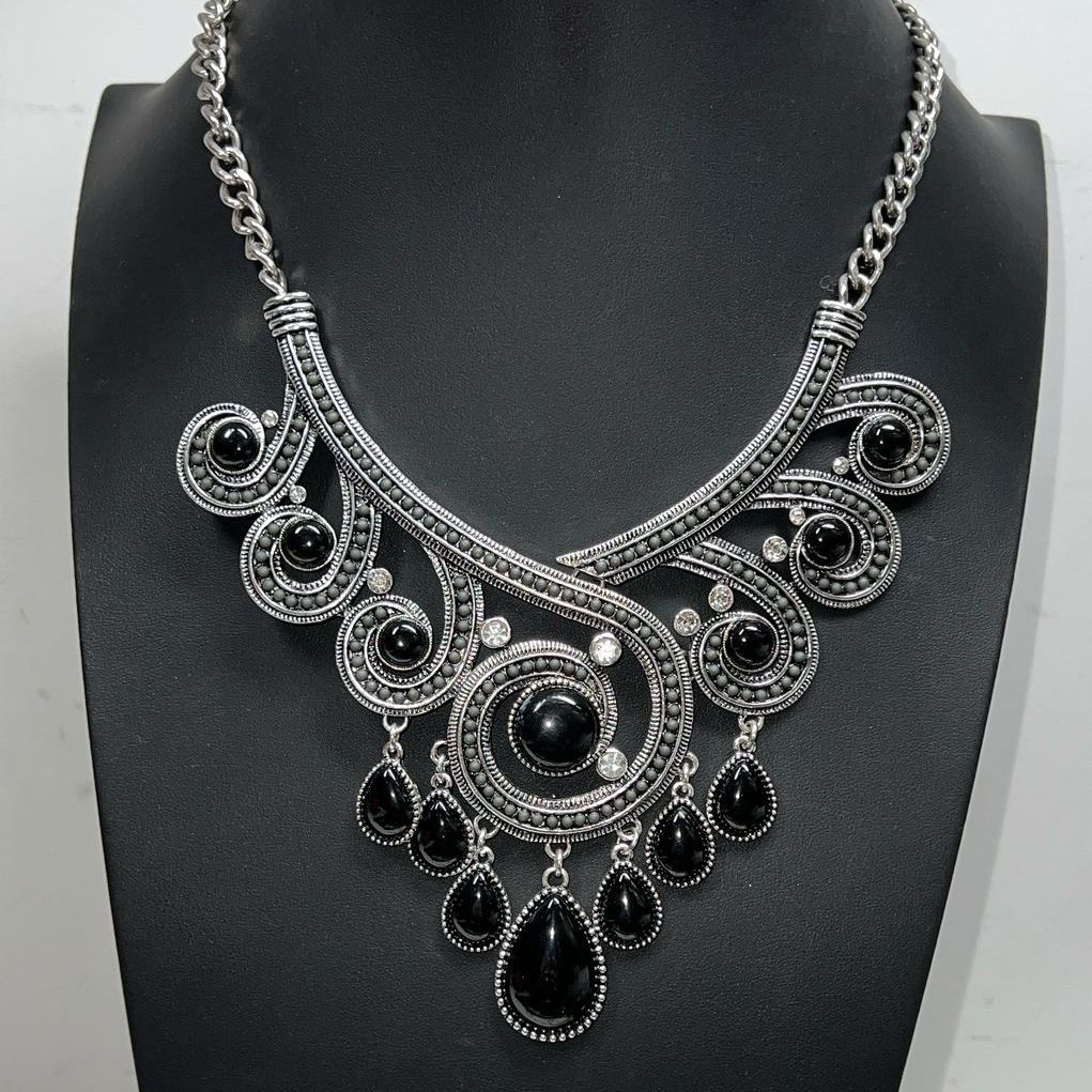 Black & Clear Stone Silver Tone Statement Necklace