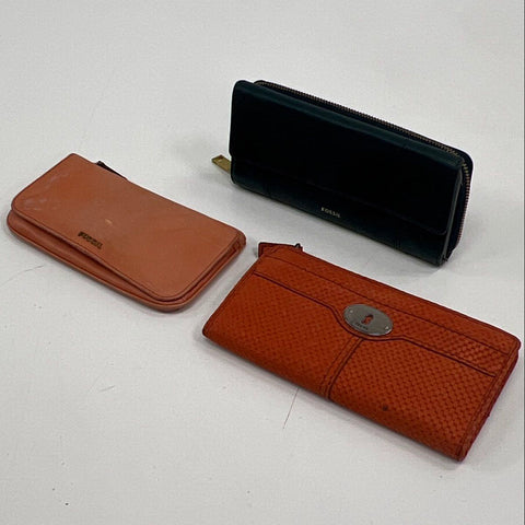 Fossil Leather Zip Around Wallets Black Tan Orange Lot of 3