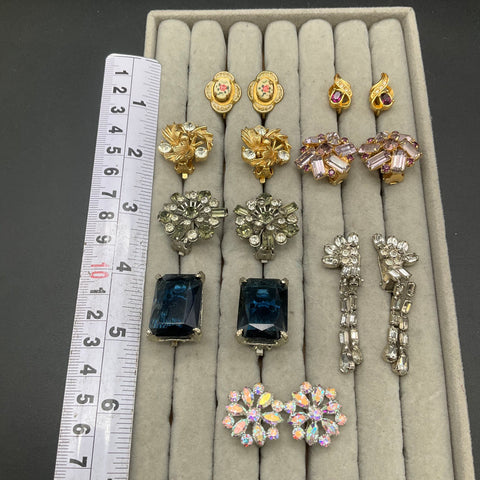 Vintage Clip-On Earrings Lot 8 Pairs B. David Signed Rhinestone AB Mid-Century