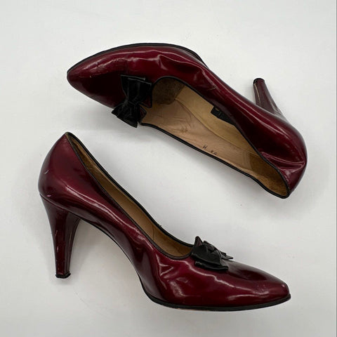 Vintage 80s Nickels Burgundy Patent Leather Bow Pumps Made In Italy Size 8.5 M