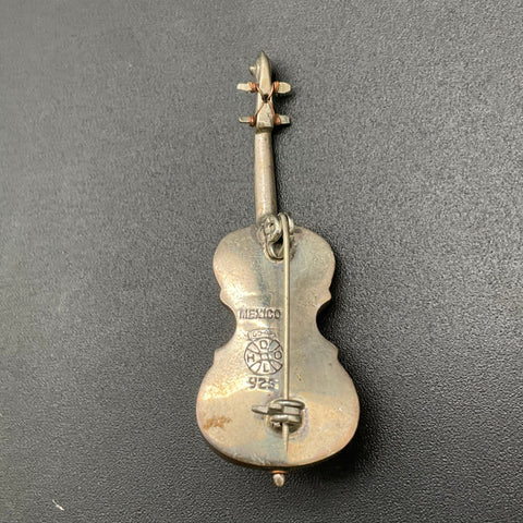 Vintage 925 Mexican Silver Violin Brooch Copper Wire Strings Taxco 2.75"