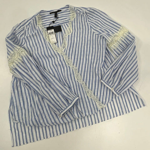 BCBG Maxazria Women's Blue White Striped Lace Trim Wrap Blouse Sz L NWT