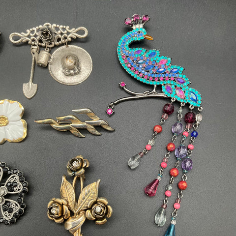 Vintage Costume Jewelry Lot of 15 Brooches Peacock Flower Rhinestone Animal Pins
