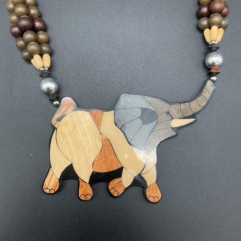 Vintage Elephant Statement Necklace Beaded Wood Inlay Boho Folk Art 24"