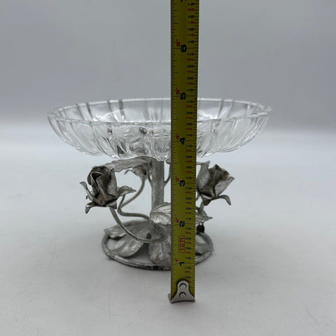 Vintage Handcut Lead Crystal Compote Bowl Rose Metal Stand Western Germany 6.5in