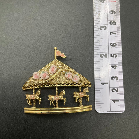 Vintage 1928 Jewelry Co. Carousel Brooch Gold Tone Pink Porcelain Roses 3"