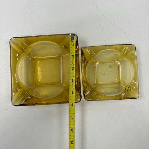 Vintage Amber Glass Square Ashtray Set 2 Piece Mid-Century Modern Barware