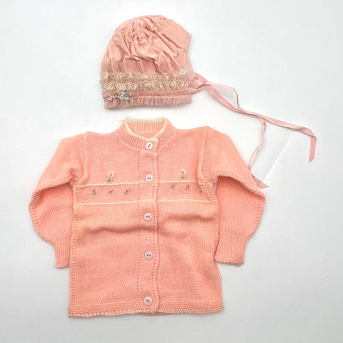 Vintage 60s Gordon Girls Pink Cardigan & Bonnet Set Floral Embroidered Sz 11