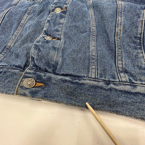 Vintage 90s Dunbrooke Mens Denim Trucker Jacket Leather Collar Flannel Lined L