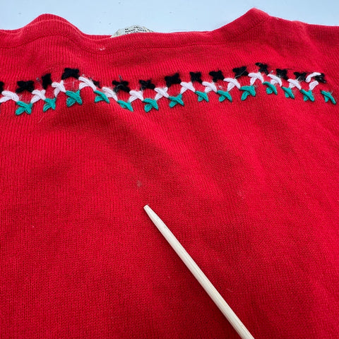 Vintage 70s Kmart Red Embroidered Bell Sleeve Boat Neck Sweater Women's S