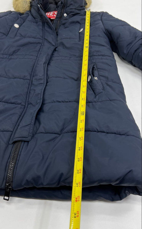Diesel Youth Size 14 Navy Blue Long Puffer Coat Parka Hooded Faux Fur