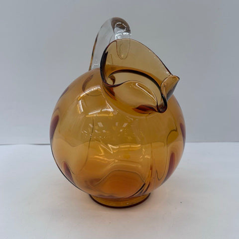 Vintage Amber Art Glass Pitcher 10" Hand Blown Clear Applied Handle MCM Style