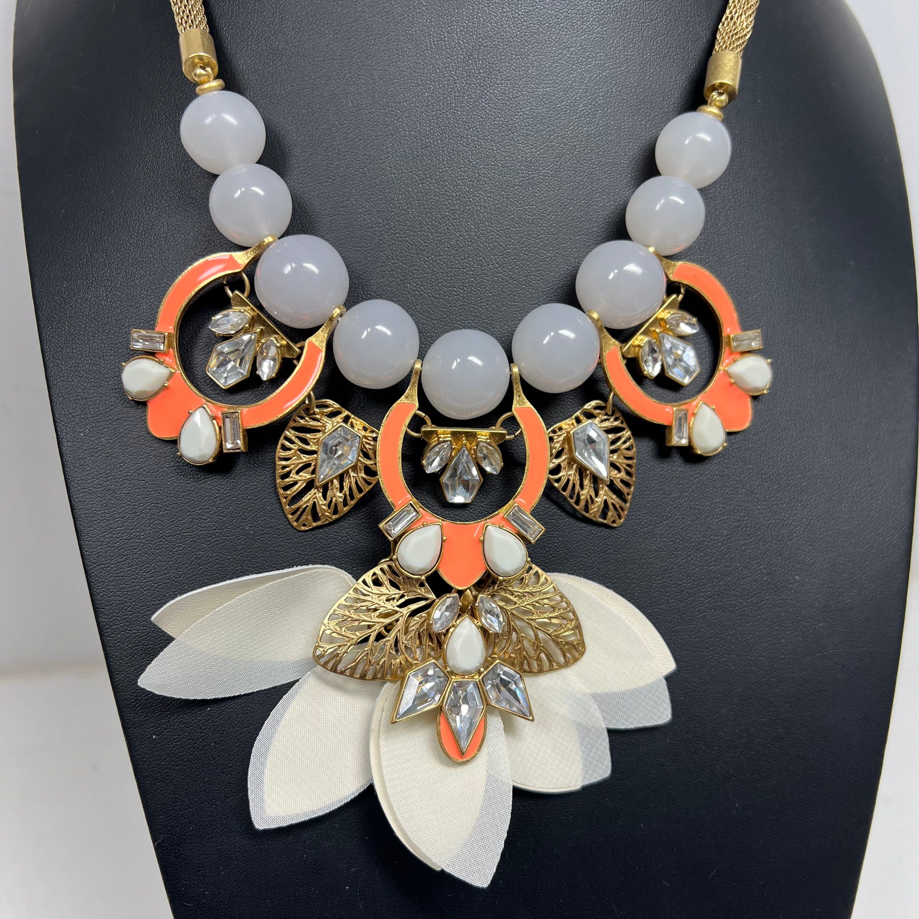 Stella & Dot Statement Necklace Gray Orange Gold Tone