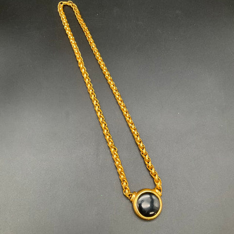 Vintage Napier Gold Tone Black Enamel Domed Pendant Woven Chain Necklace 26"