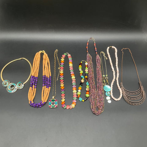 Statement Necklace Jewelry Lot 9pc Beaded Shell Enamel Wood Boho Vintage Style