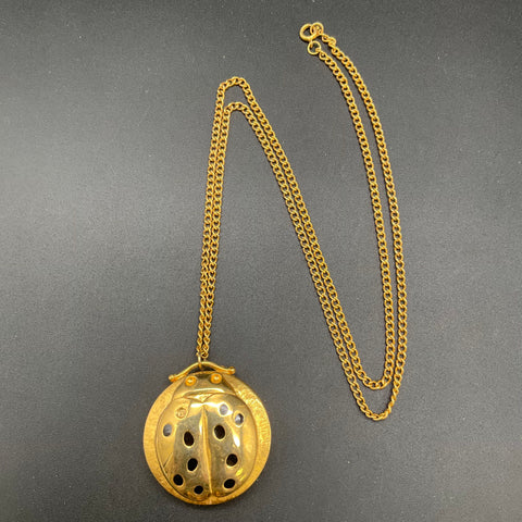 Vintage Revlon Ladybug Intimate Solid Perfume Necklace Gold Tone Pendant