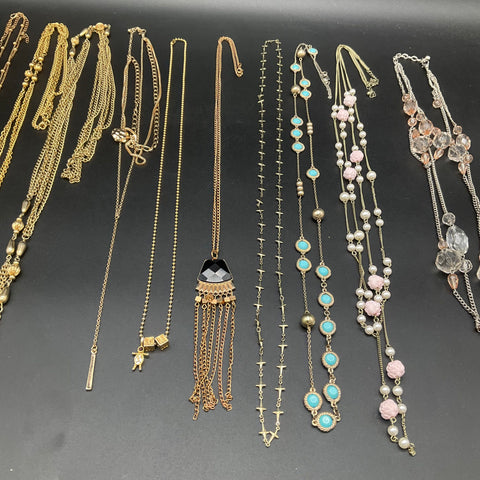 Vintage & Modern Costume Jewelry Lot 10 Necklaces Gold Silver Tone Boho Tassels