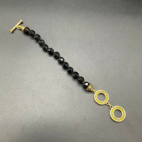 Heidi Daus Black Faceted Bead Bracelet Antique Gold Tone Toggle Clasp 7"