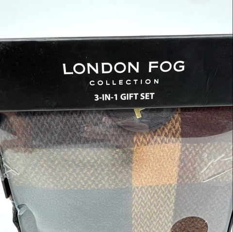 London Fog Men's 3pc Gift Set Plaid Scarf Brown Card Holder Wallet NIB
