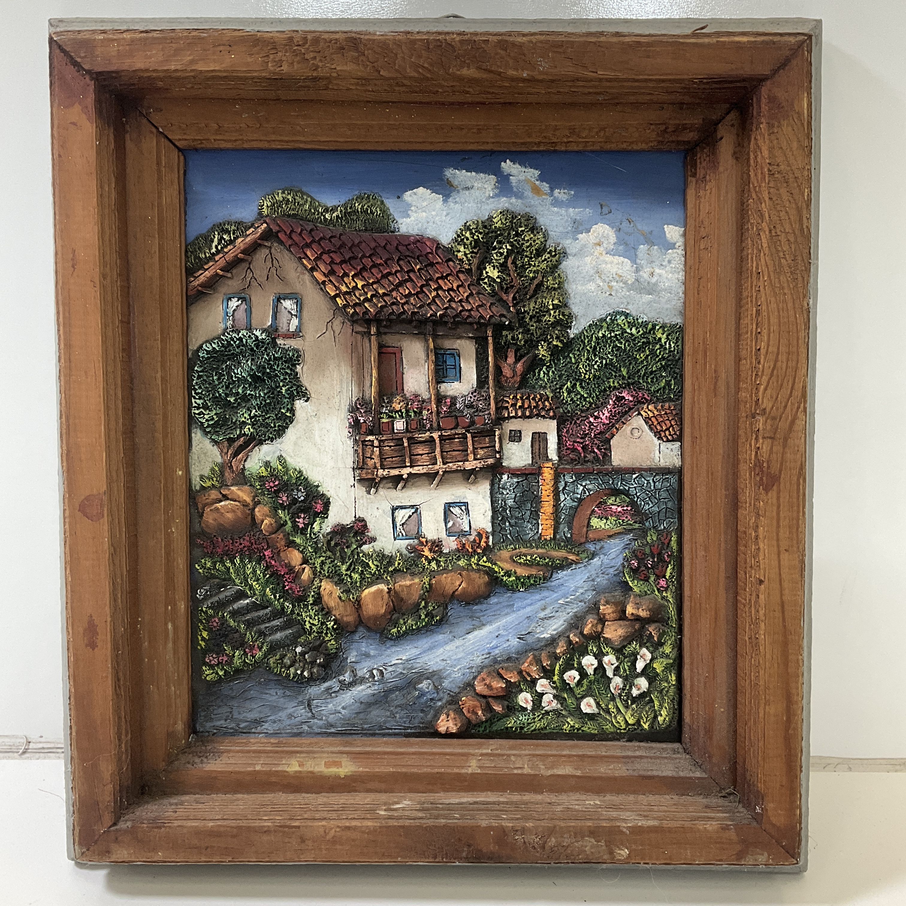Vintage Framed Terracotta 3D Painting South America House & Stream Approx 14x16