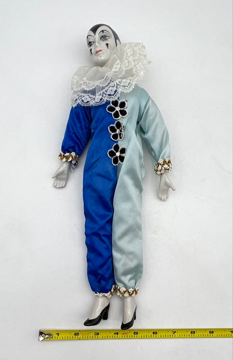Porcelain Harlequin Pierrot Doll Blue Silver Satin 17 Inch Vintage With Box