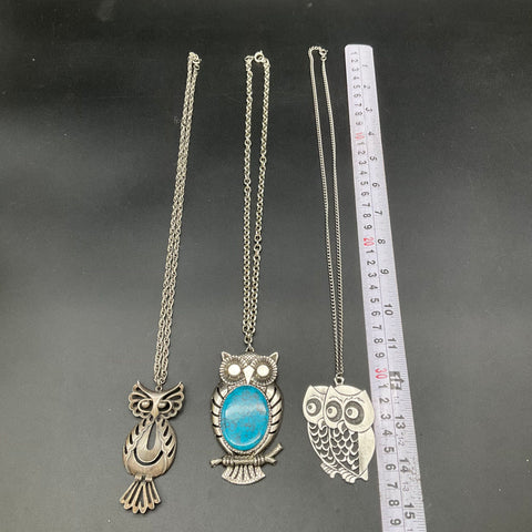 Vintage Owl Pendant Necklace Lot of 3 Silver Tone Torino Blue Stone Whimsical