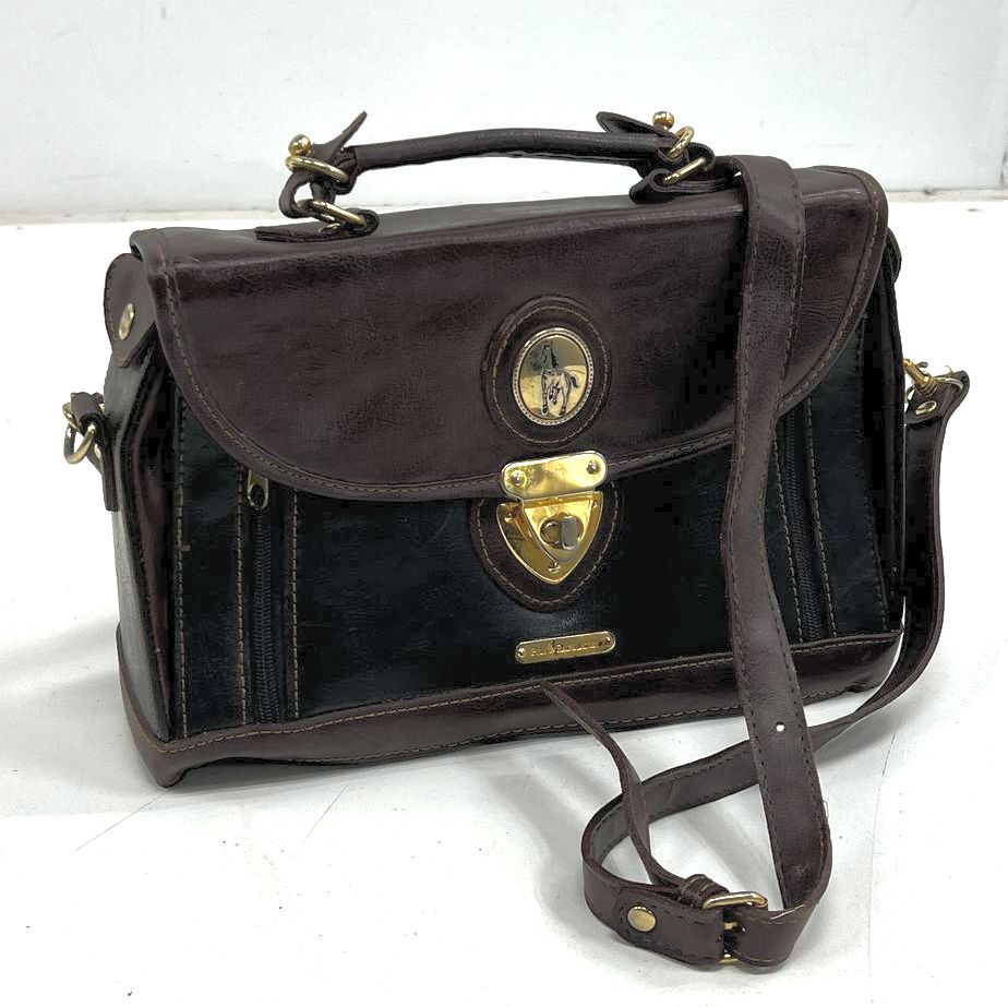 Vintage 80s Polo Player Logo Brown Black Satchel Crossbody Bag Gold Hardware