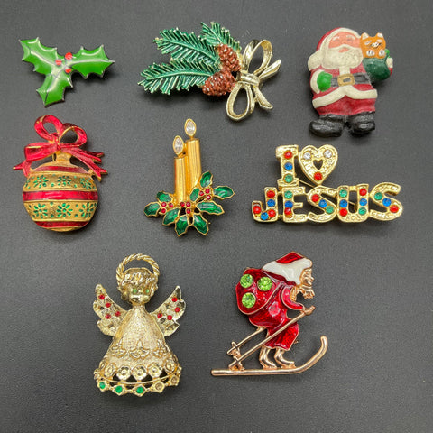 Holiday Pin Lot Tancer II Enameled Rhinestone 8 Pieces Vintage Christmas