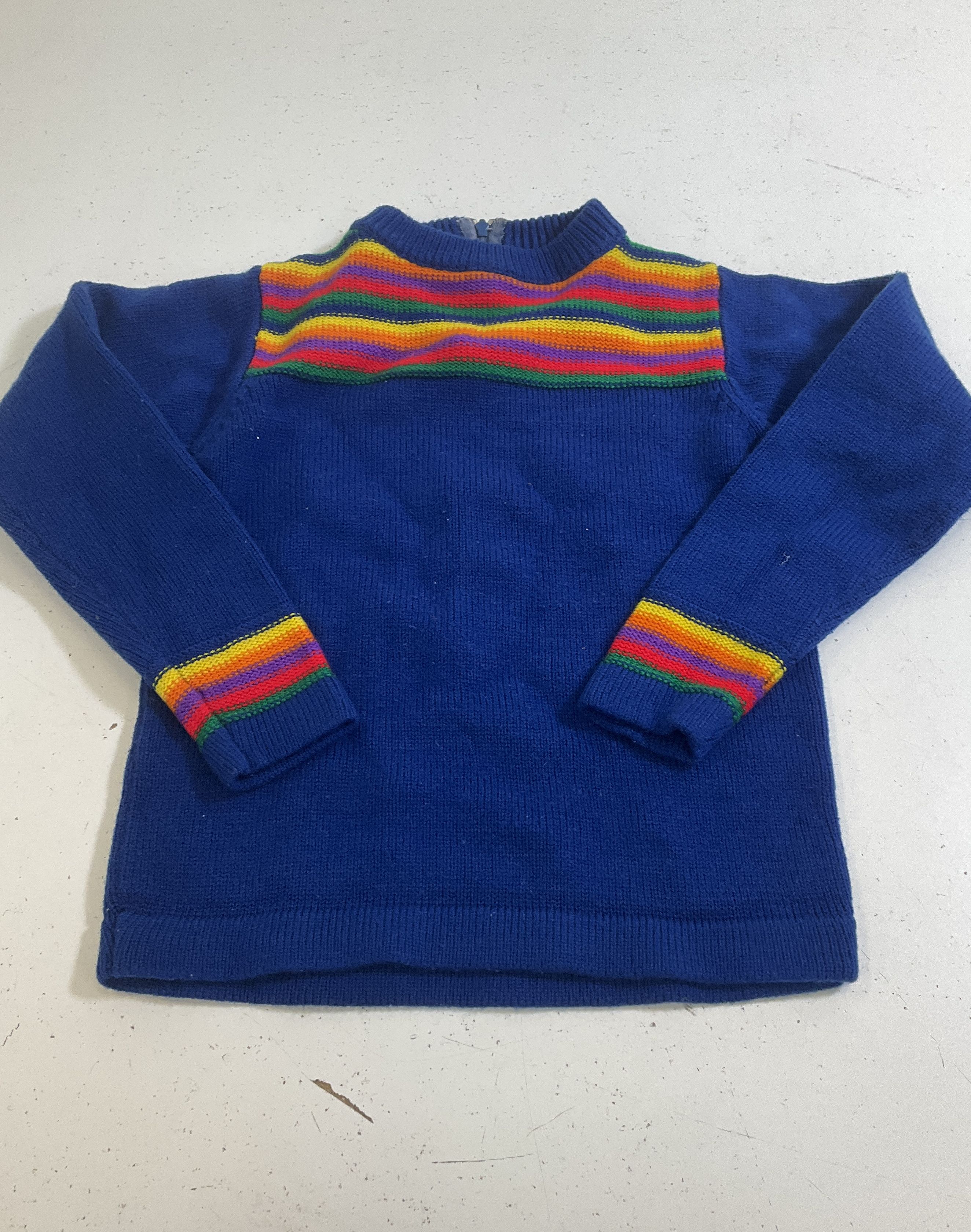 Vintage 70s Kids Blue Knit Sweater Skirt Set Rainbow Stripe Mock Neck Girls