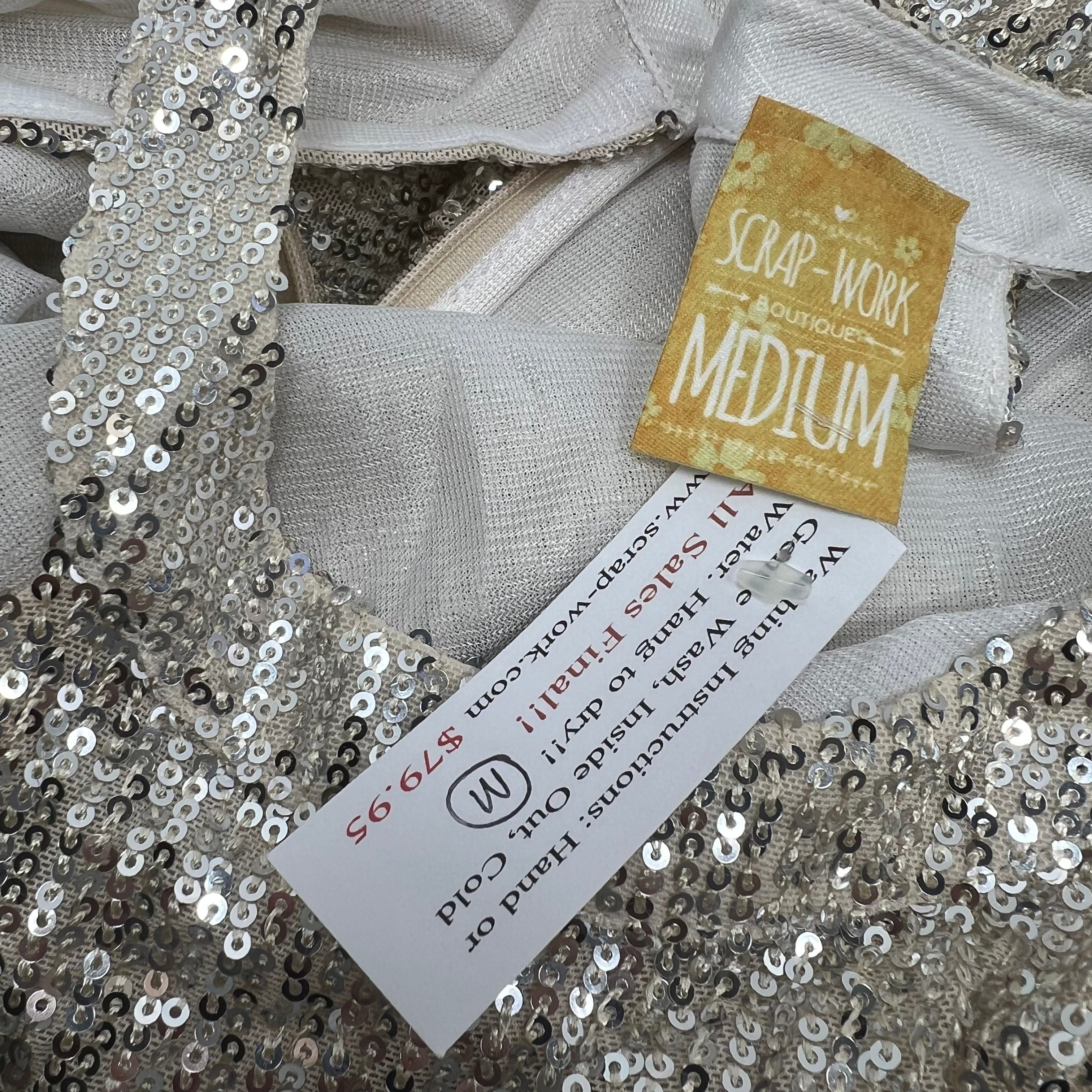 Lot of 2 Scrap Work Boutique Sequins Ivory Formal Dress Leg Slit Halter Med NWT