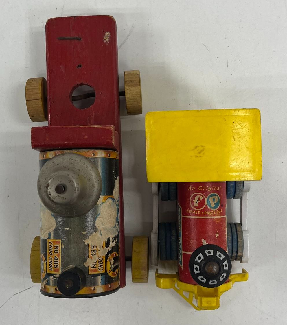 Vintage 60s Fisher Price Wood Pull Toy Train Lot Toot-Toot & No. 485 Choo Choo