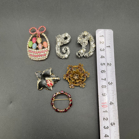 Vintage Costume Jewelry Brooch Lot of 6 Coro Rhinestone Enamel Figural