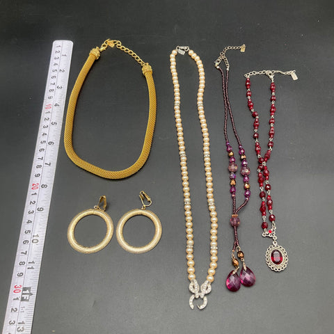 1928 Jewelry Lot 5 Vintage Style Gold Tone Faux Pearl Beaded Necklaces Earrings