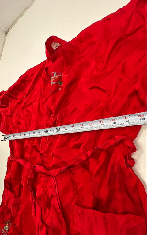 Vintage 80s Longevity Red Embroidered Pagoda Landscape Robe Kimono China Sz L