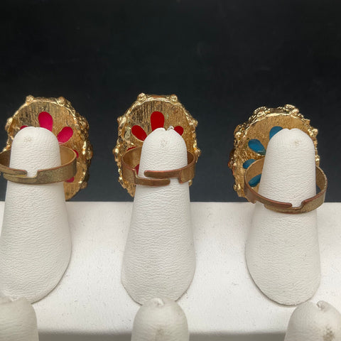 Vintage Retro Gold Tone Adjustable Jumbo Plastic Cabochon Rings Jewelry Lot of 3