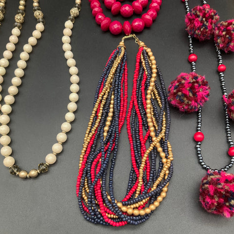 Bohemian Beaded Costume Jewelry Necklace Lot of 10 Tassel Pom Pom Multi-Strand
