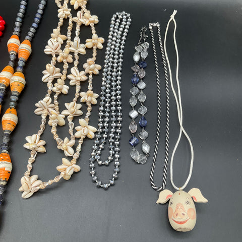 Vintage Modern Costume Jewelry Lot 10 Necklaces Shell Beaded Figural Pendants