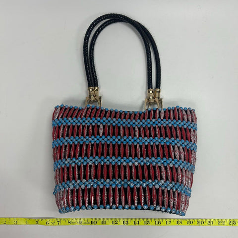 Red Blue White Geometric Beaded Tote Bag Black Braided Handles