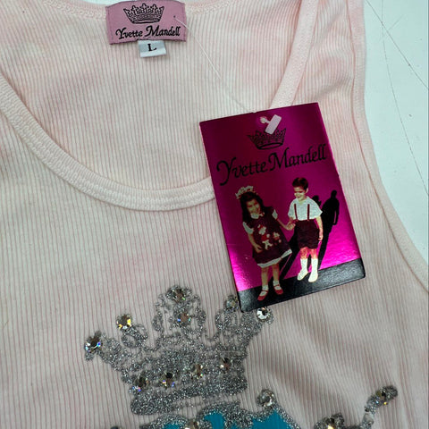 Yvette Mandell Women's Pink Crystal Crest Ribbed Cotton Tank Top NWT Sz L Y2K
