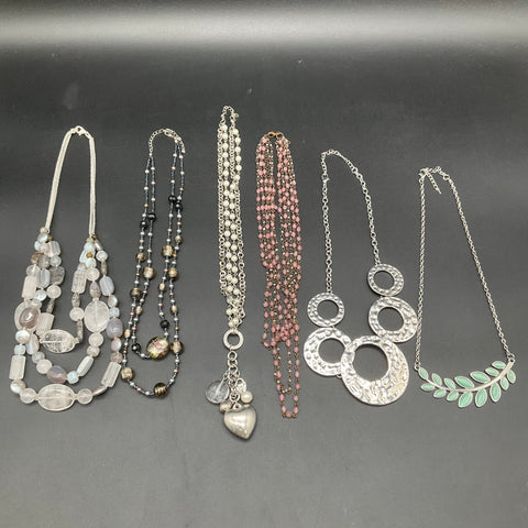 Costume Jewelry Necklace Lot of 6 Silver Tone Beaded Heart Leaf Motif Statement