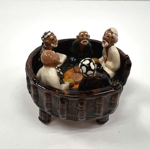 Ceramic Central Asian Tapchan Figurine Men Gathering Hand-Painted With Box