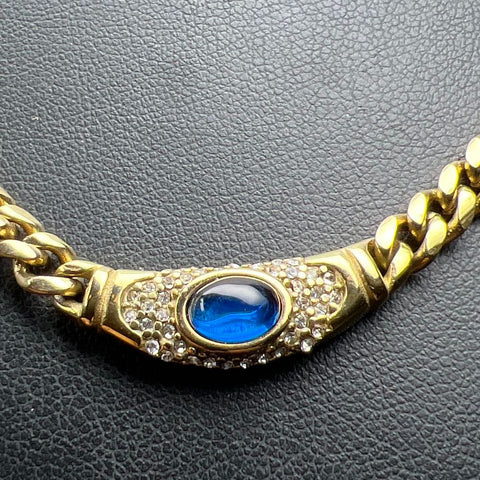 Vintage Cadena Signed Gold Tone Blue Cabochon Rhinestone Curb Chain Necklace